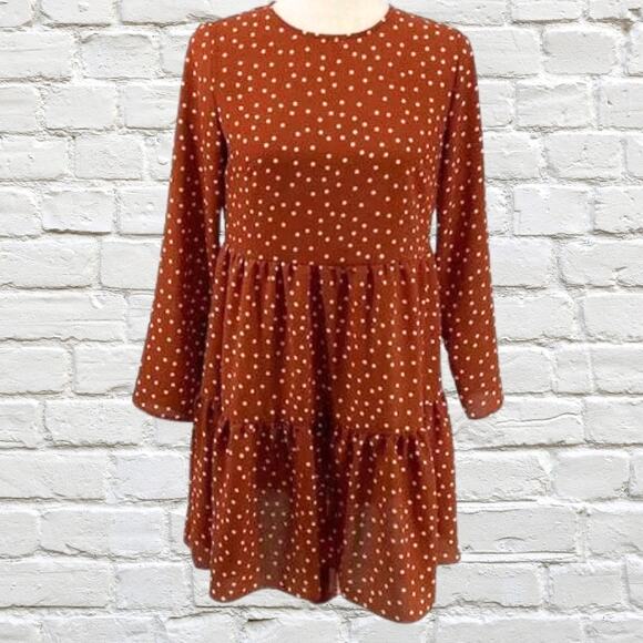 ASOS DESIGN Brown Polka Dot Teired Flowy Long Sleeve Mini Dress Size 6 Fall - Picture 1 of 7